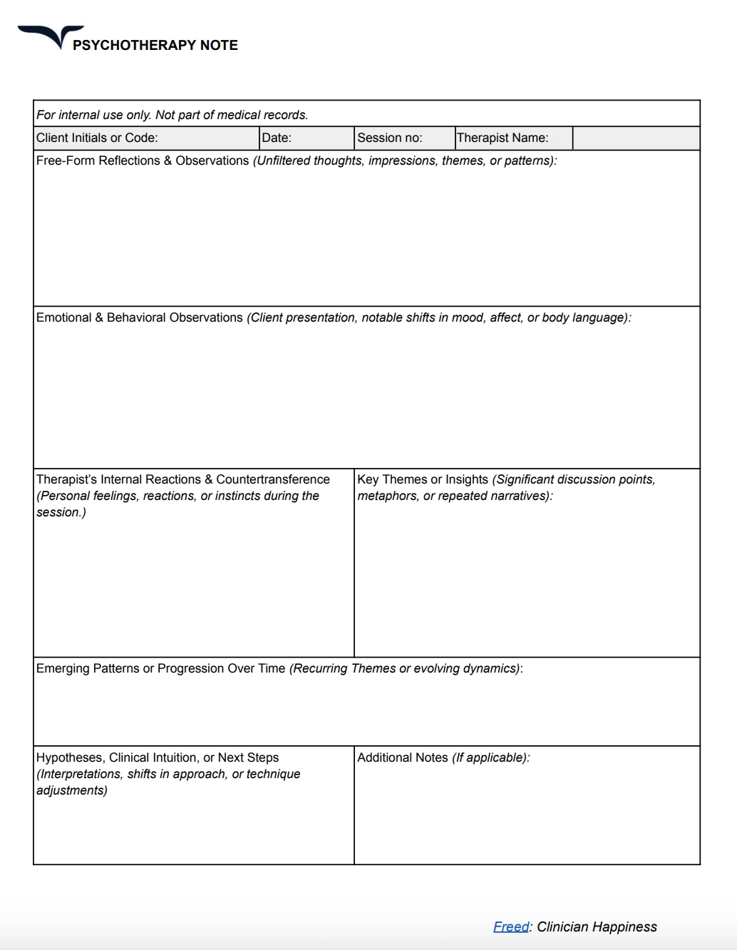 Psychotherapy note template free PDF download