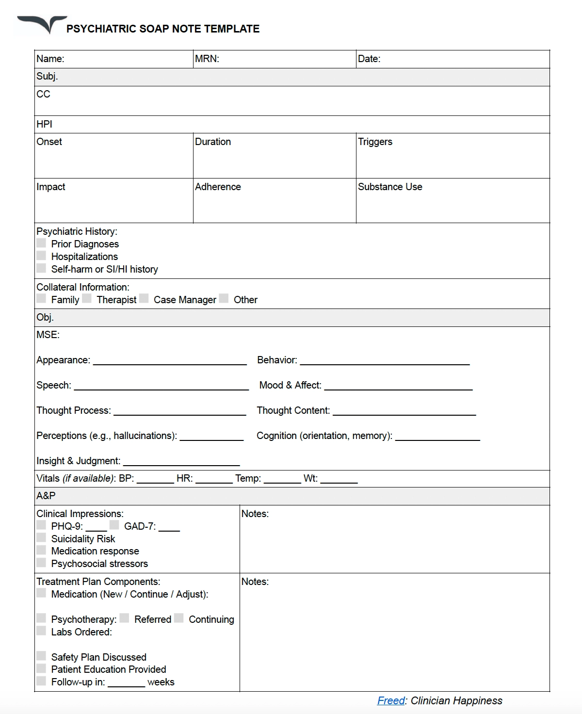 Psychiatric SOAP note template with fillable forms and free pdf download