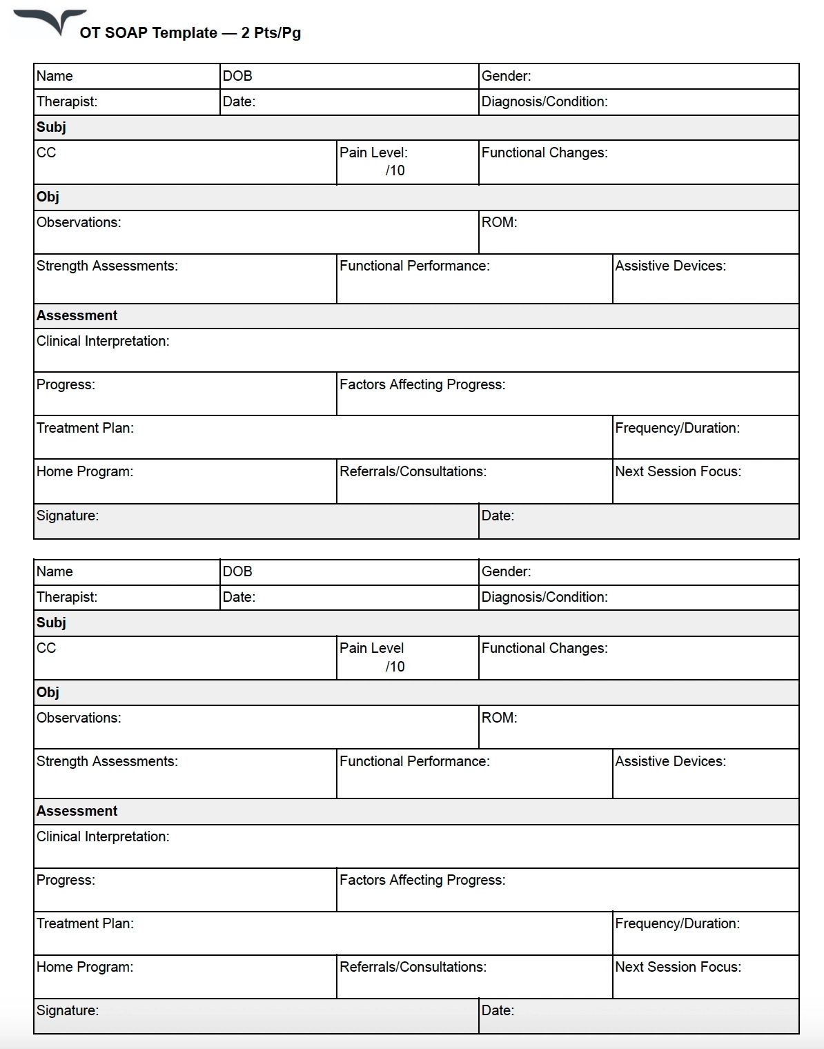 occupational therapy soap note with fillable template - 2 patients a page