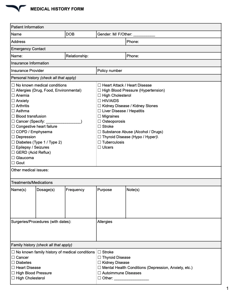 Medical history form template