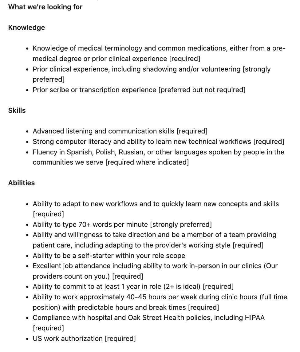 sample posting for a medical scribe role with knowledge, skills, and abilities