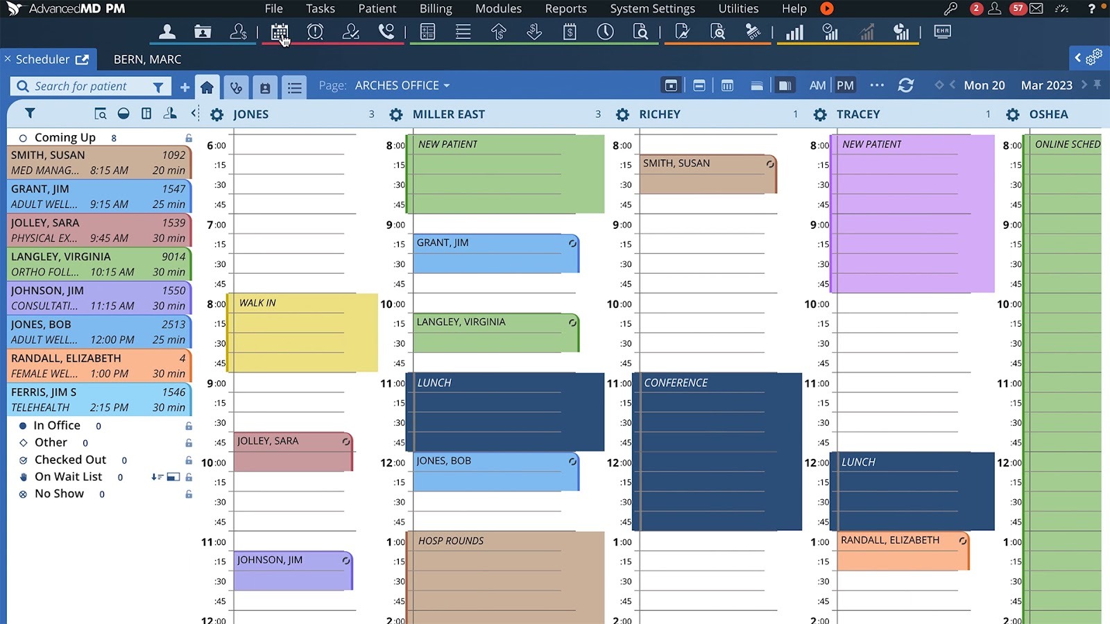AdvancedMD organizes patients with color-coded boards and tabs