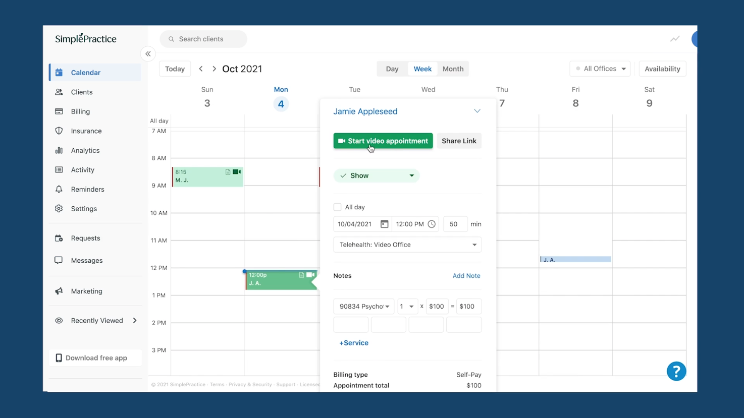 Simplepractice has a simple calendar with video appointments