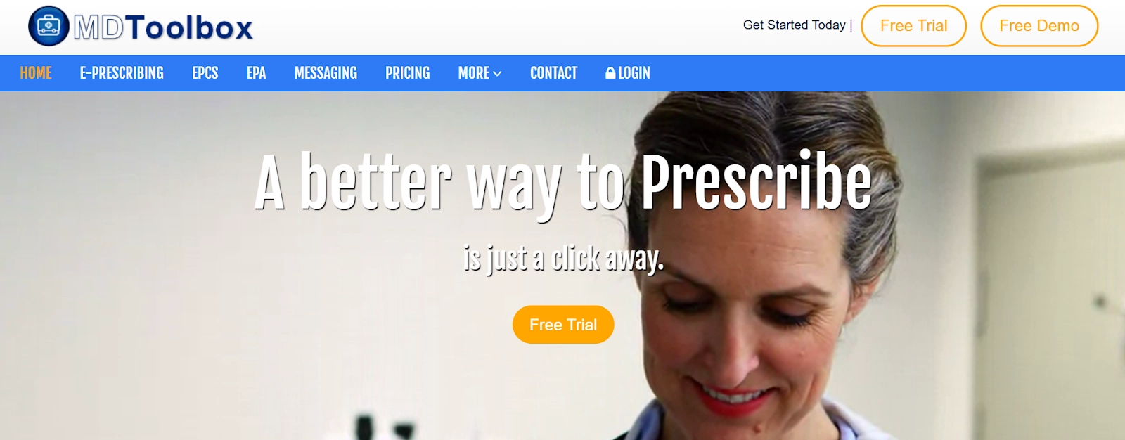 MDtoolbox home page with text "A better way to prescribe" and free trial button