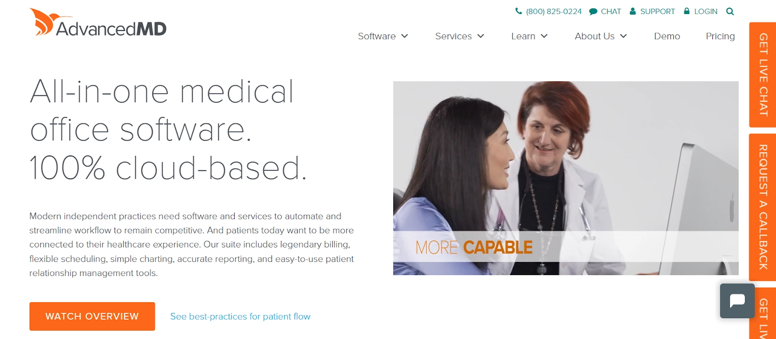Advanced MD home page "All-in-one medical office software. 100% cloud-based"