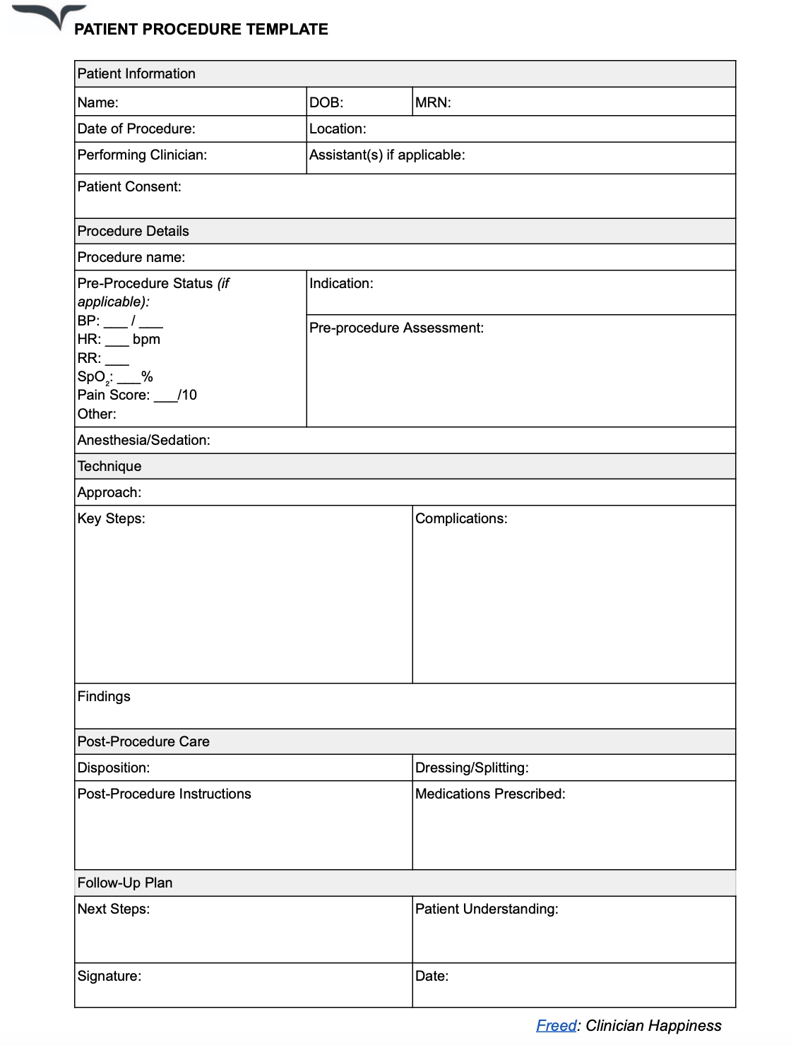 Procedure note template fillable form pdf with free download