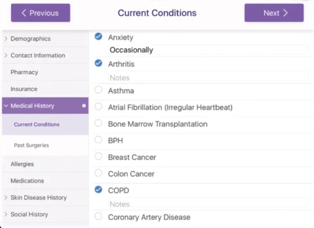 ModMed EHR dashboard with checkboxes for conditions. Anxiety, Arthritis, and COPD are checked