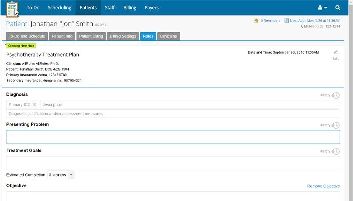 TherapyNotes patient chart with diagnosis, presenting problem, and treatment goals