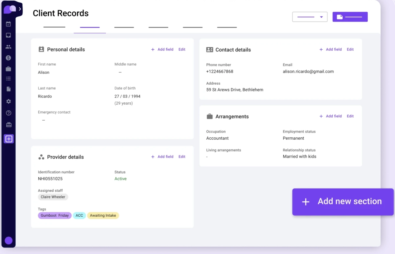 Care Patron dashboard with patient personal details, contact, and provider details