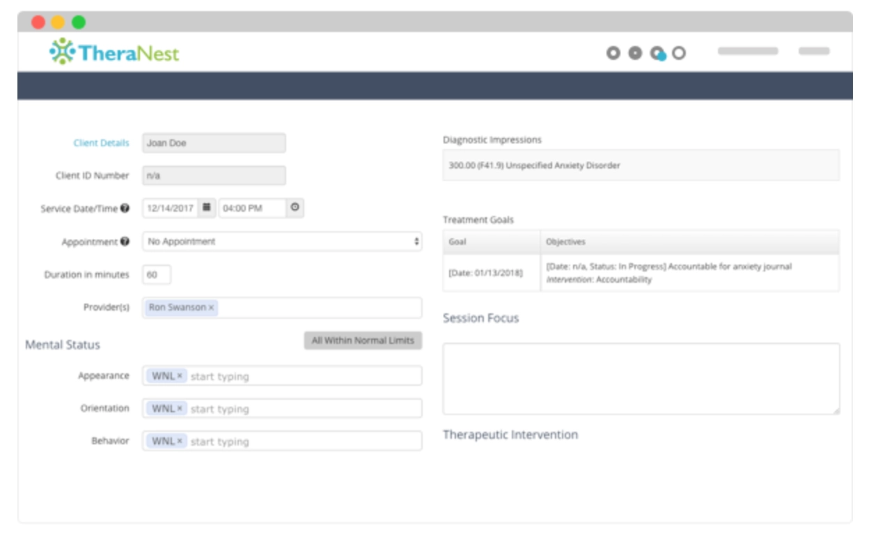 Theranest user-friendly dropdowns and forms