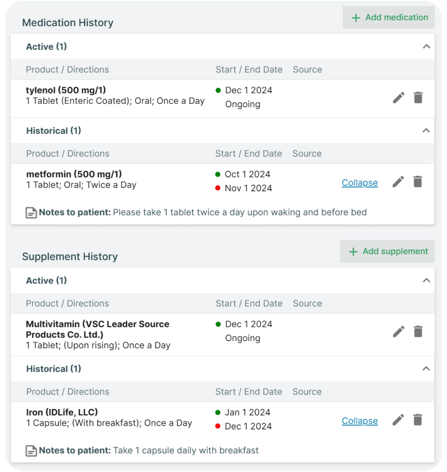 Practice Better EHR medication history and supplement history lists