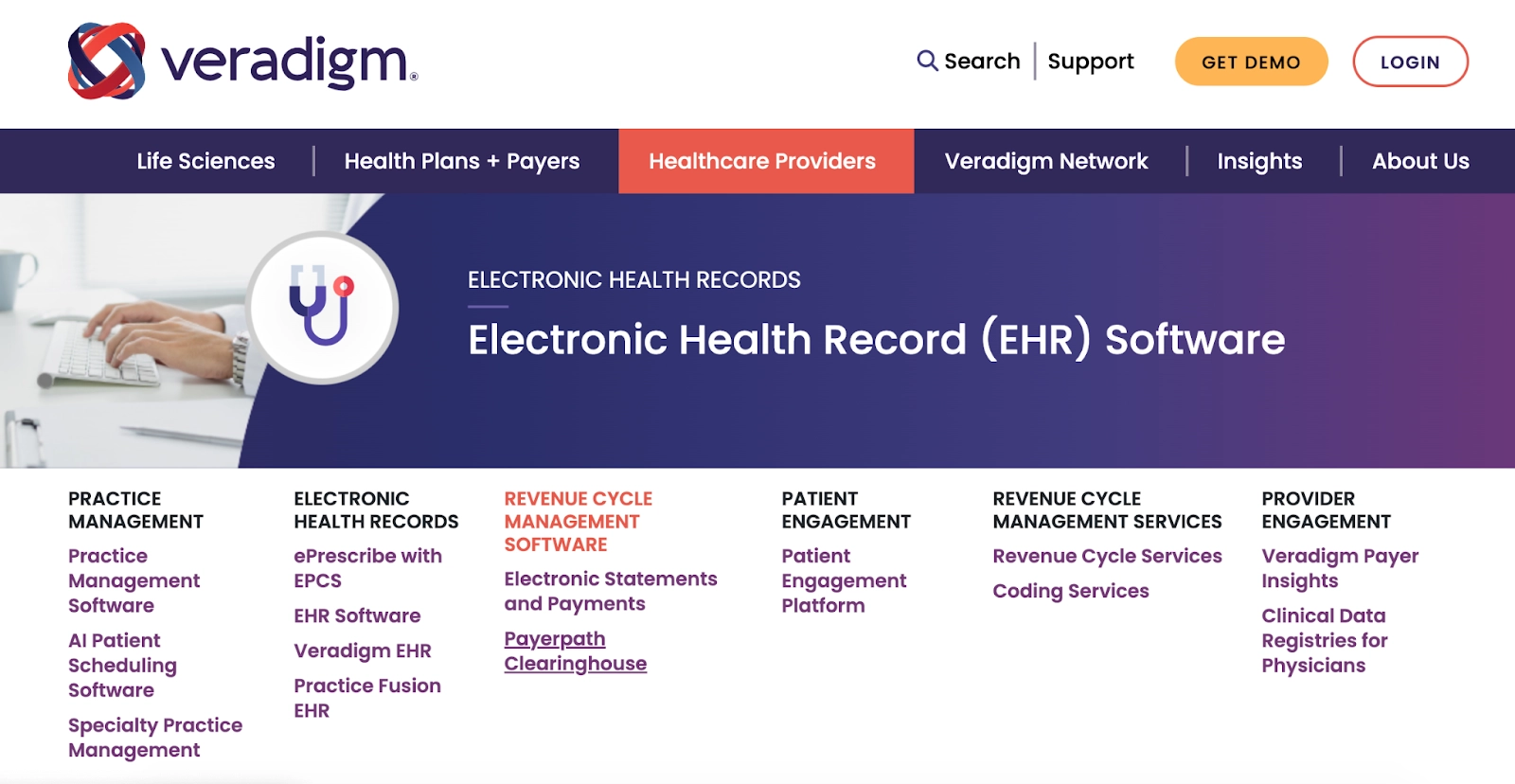 Veradigm website with different use cases like practice management, EHR, and revenue management