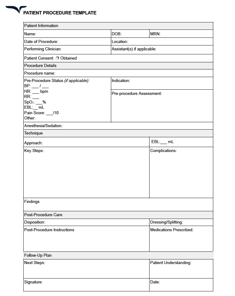 Patient procedure note example with fillable sections 