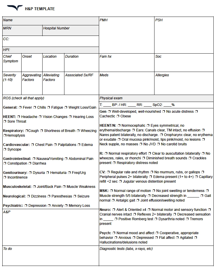H&P Template with checkboxes and fillable sections