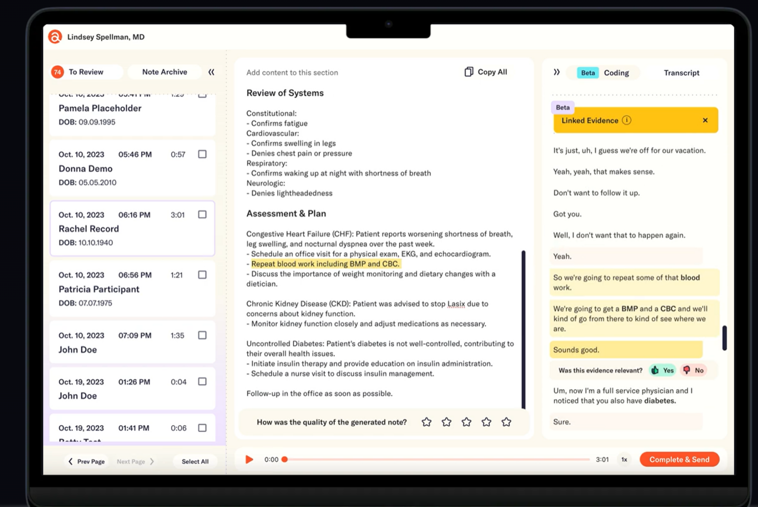 Abridge system in beta within a demo SOAP note