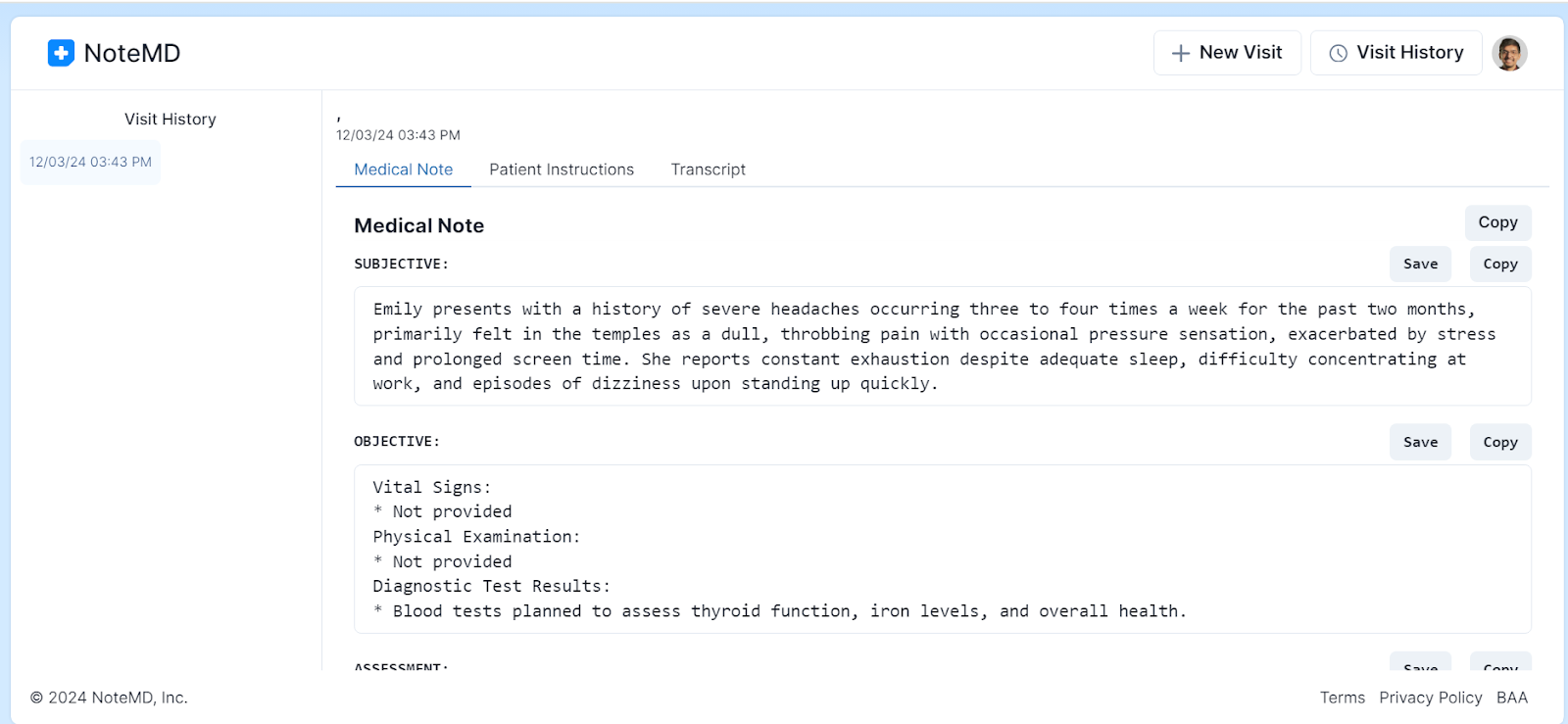 NoteMD AI scribe dashboard