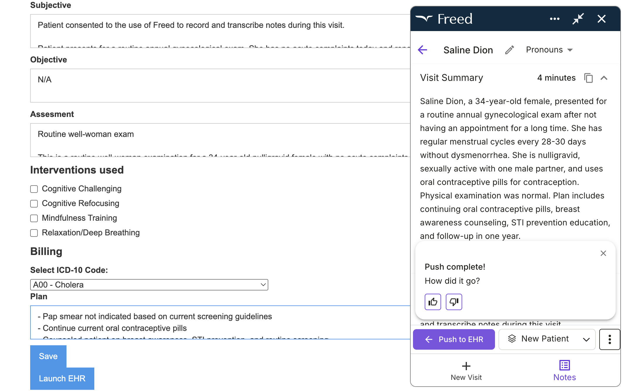 Use Freed's EHR push to map notes to the right fields in Tebra