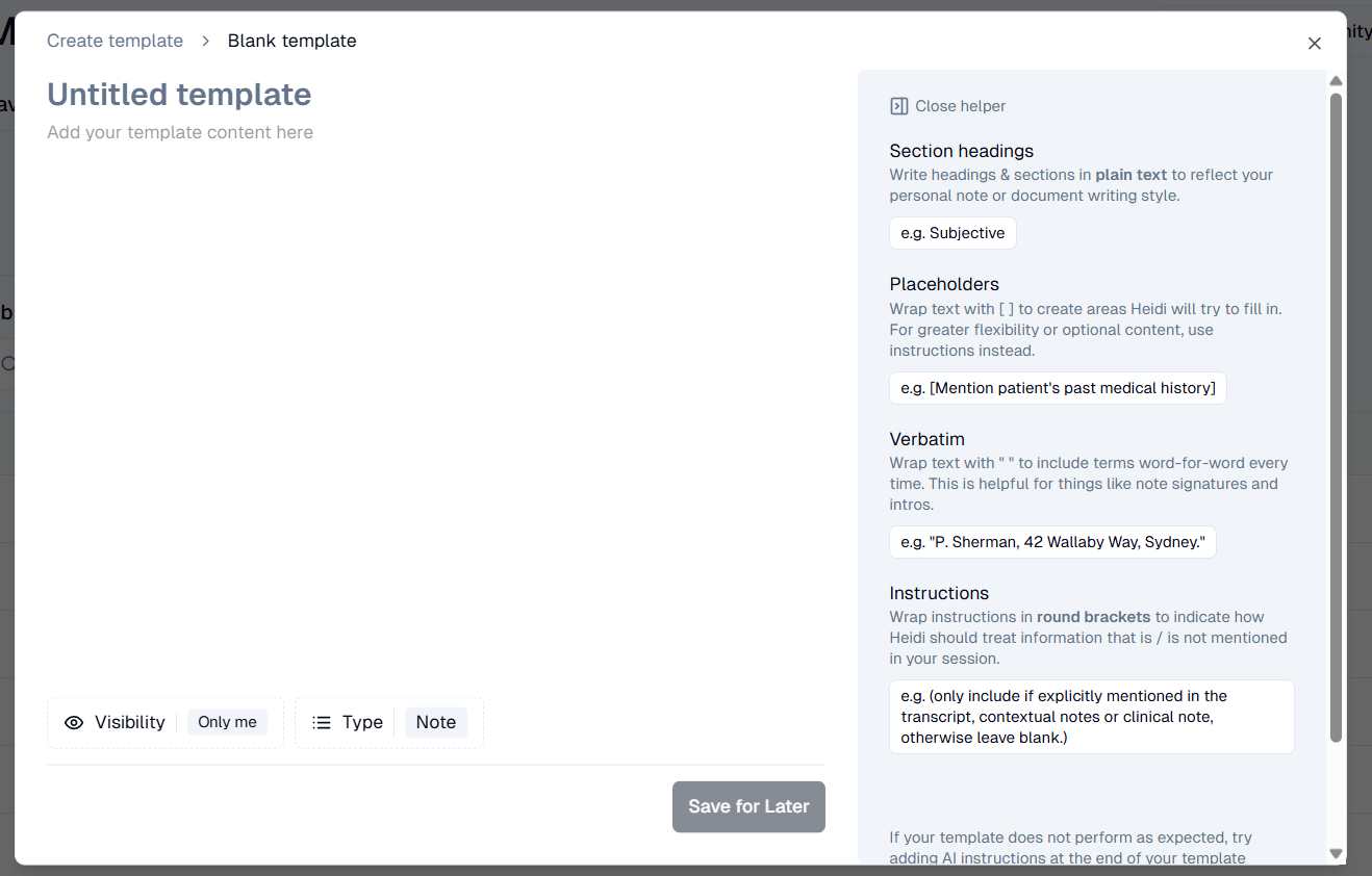 Freed vs. Heidi - Heidi blank template. Text "Untitled template. Section headings, pleasebolders, verbatim, instructions..."