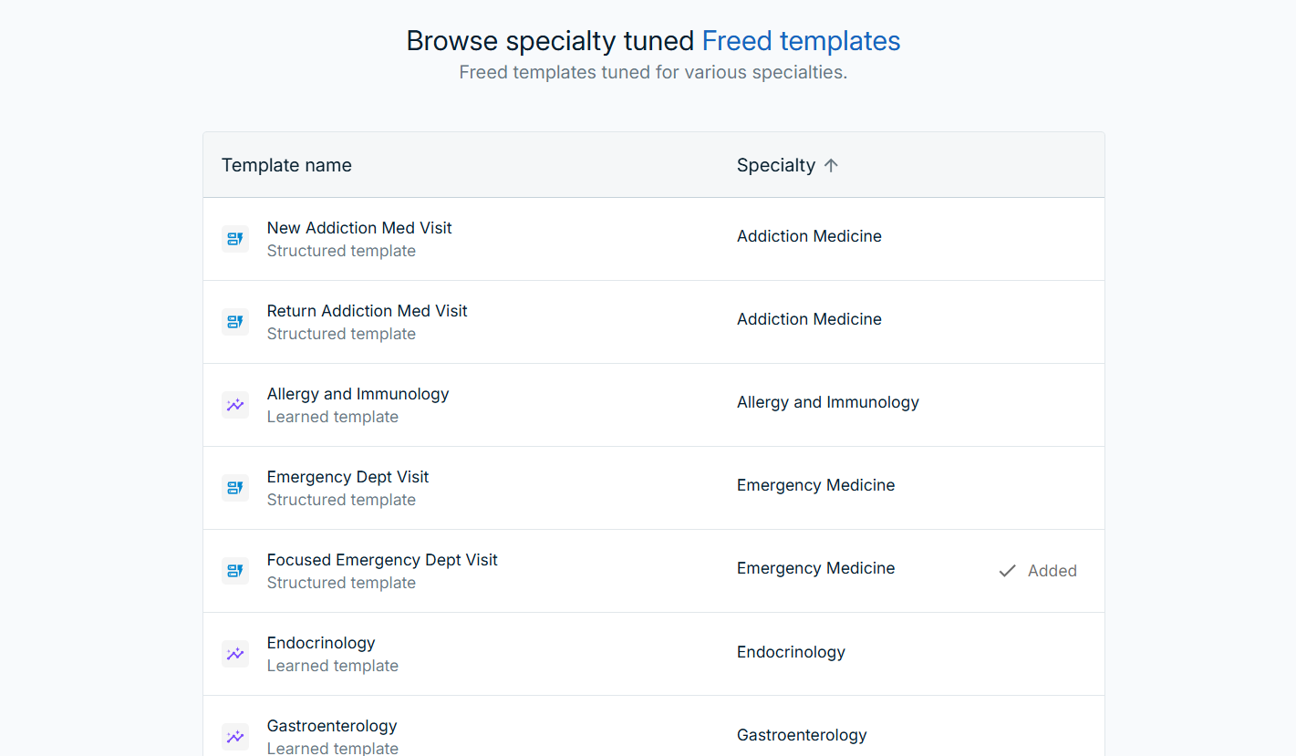 templates for addition medicine, allergy and immunology, emergency medicine, and gastroenterology