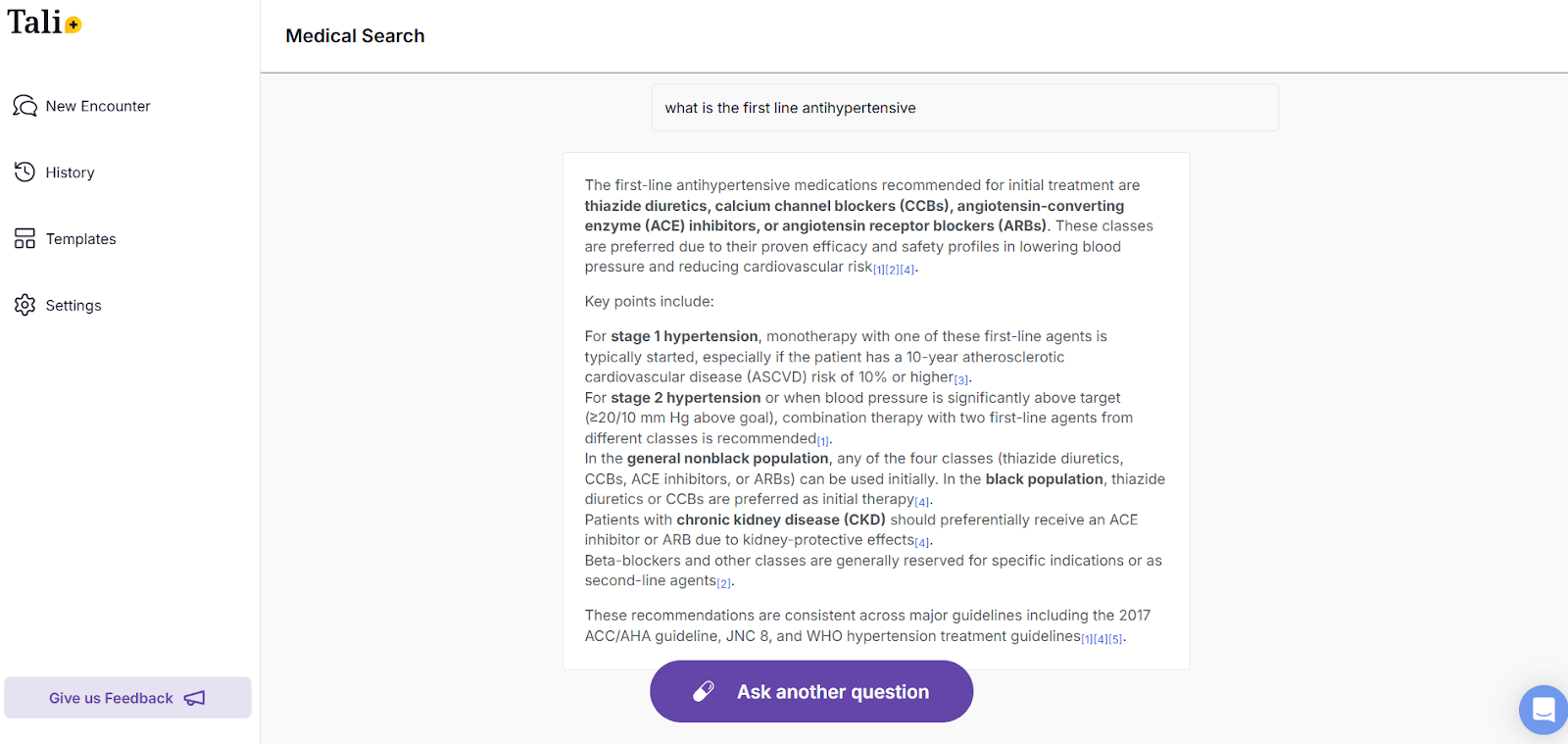 Ask a medical question feature with the question "what is the first line antihypertensive" and an answer including a summary abut medications recommended and key points. The button below says "ask another question."