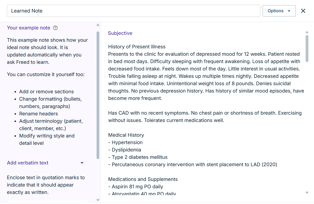 Learned template with example note, customization options including verbatim text, and the output with subjective, including medical history