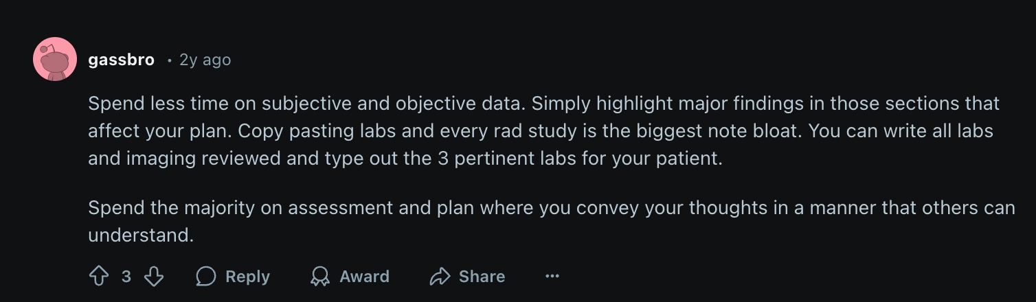 Reddit post with insights on how to strengthen SOAP notes by focusing more on the assessment and plan