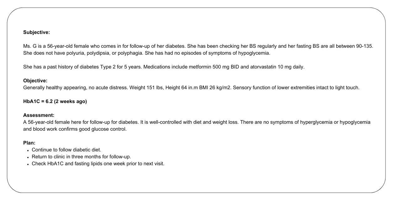 SOAP note example for 56 year old female with diabetes follow-up, including subjective, objective, assessment, and plan