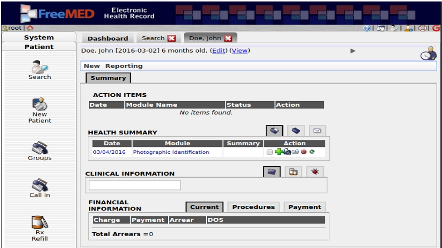 Freemed dashboard with summary, action items, health summary, and clinical information