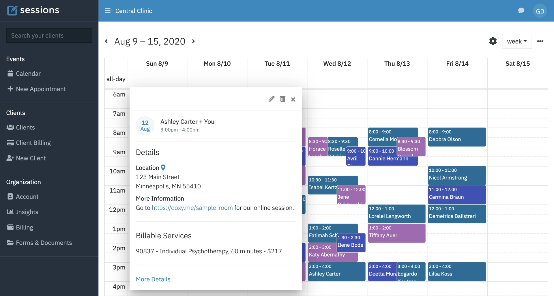 Sessions health calendar view with client details, billable services, client billing, and more