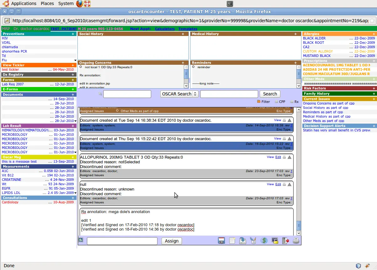 Oscar EMR report with preventions, social history, ongoing concerns, document timeline, forms, lab