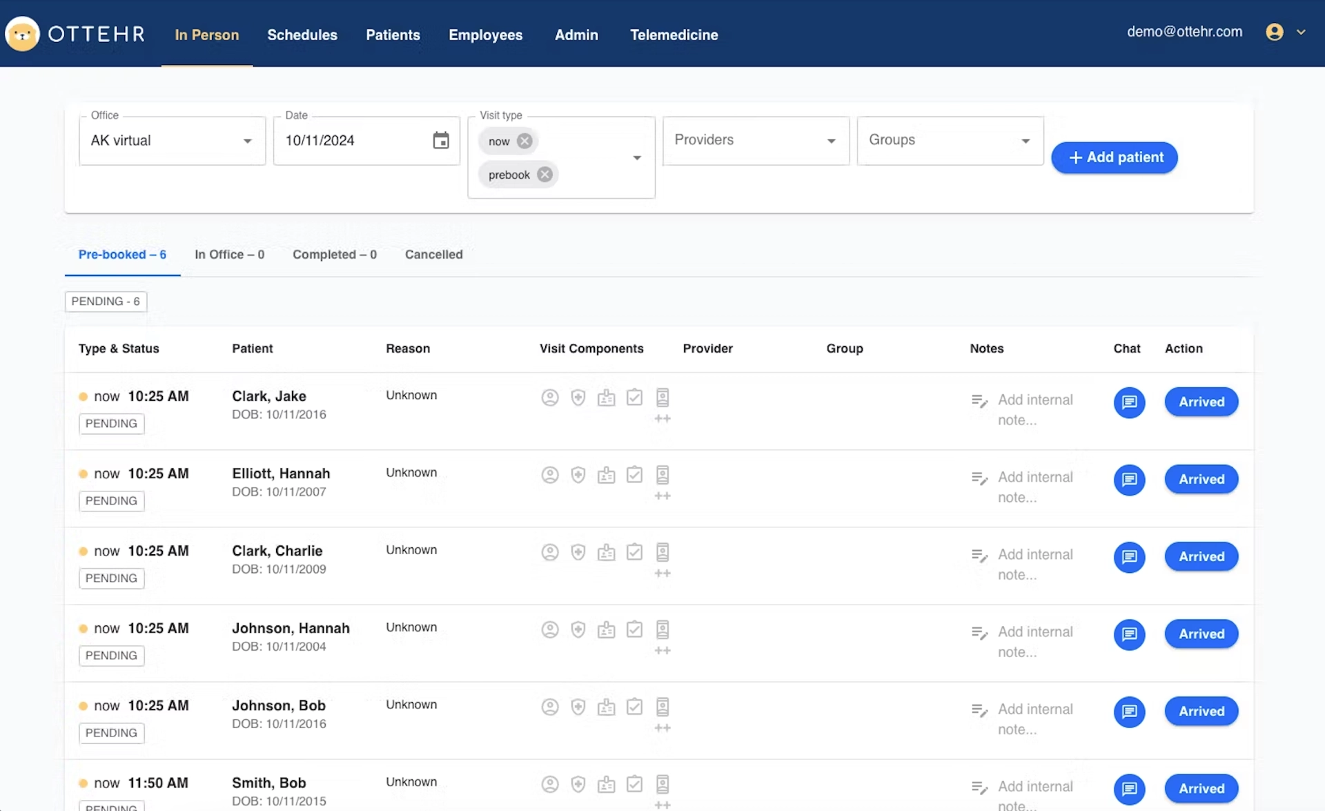 ottehr client list with visit type, schedule patient list, and check in when arrived
