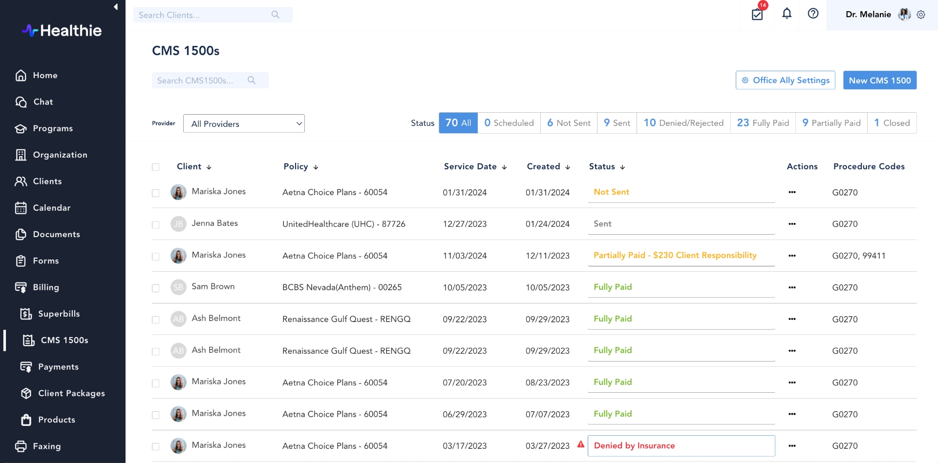 Healthie CMS 1500s with client names, policy, dates, billing tracking, and more
