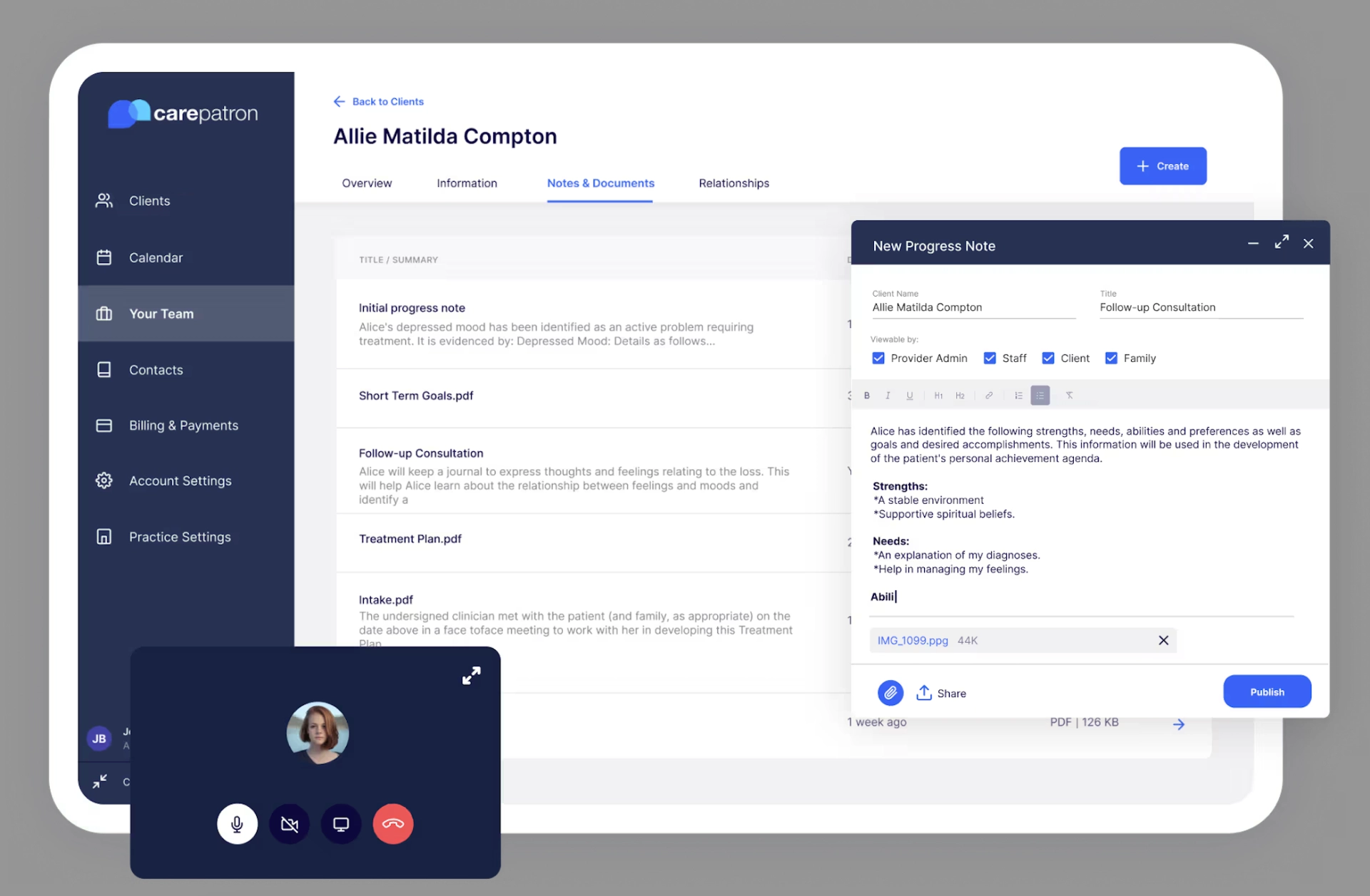 CarePatron initial progress note, short-term goals, follow-up consultation, treatment plan, intake