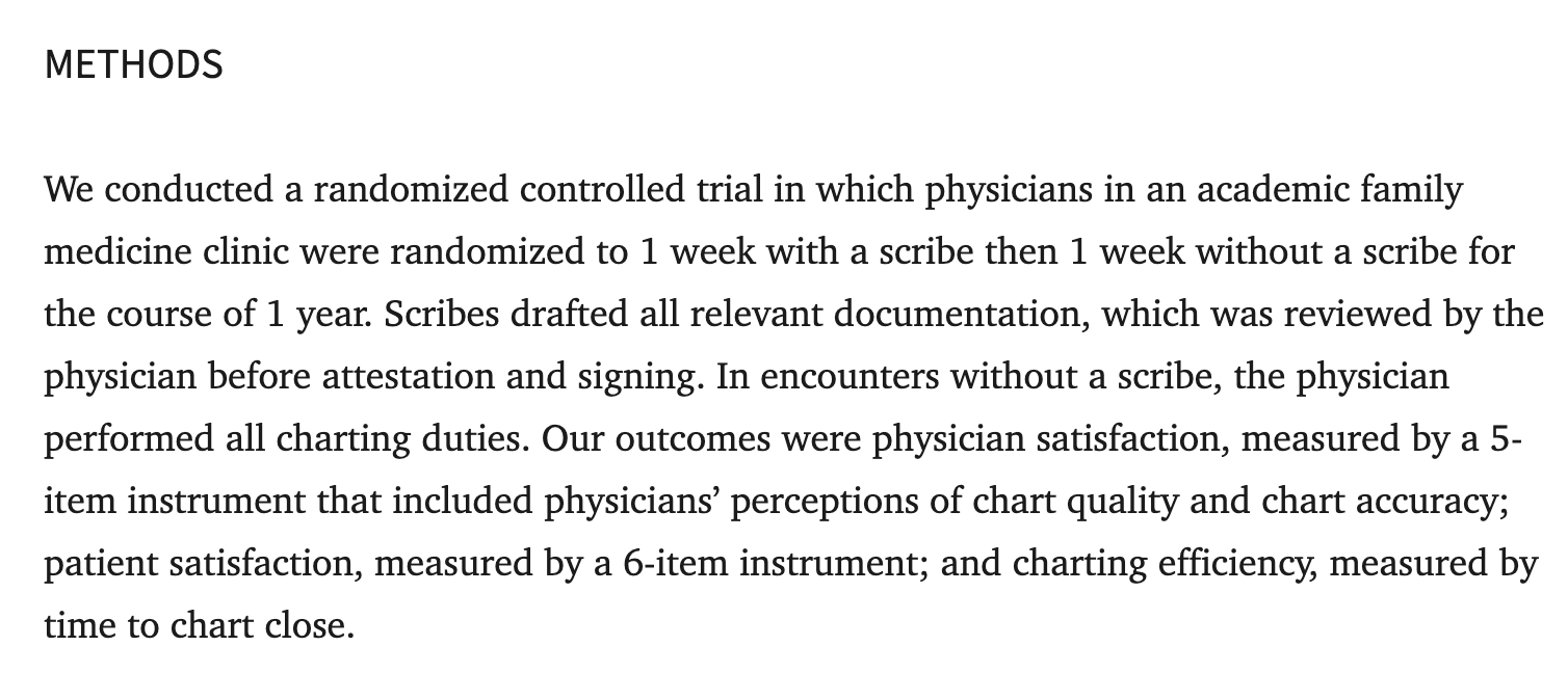 study methodology: one week with and one week without for a year, measuring clinician satisfaction