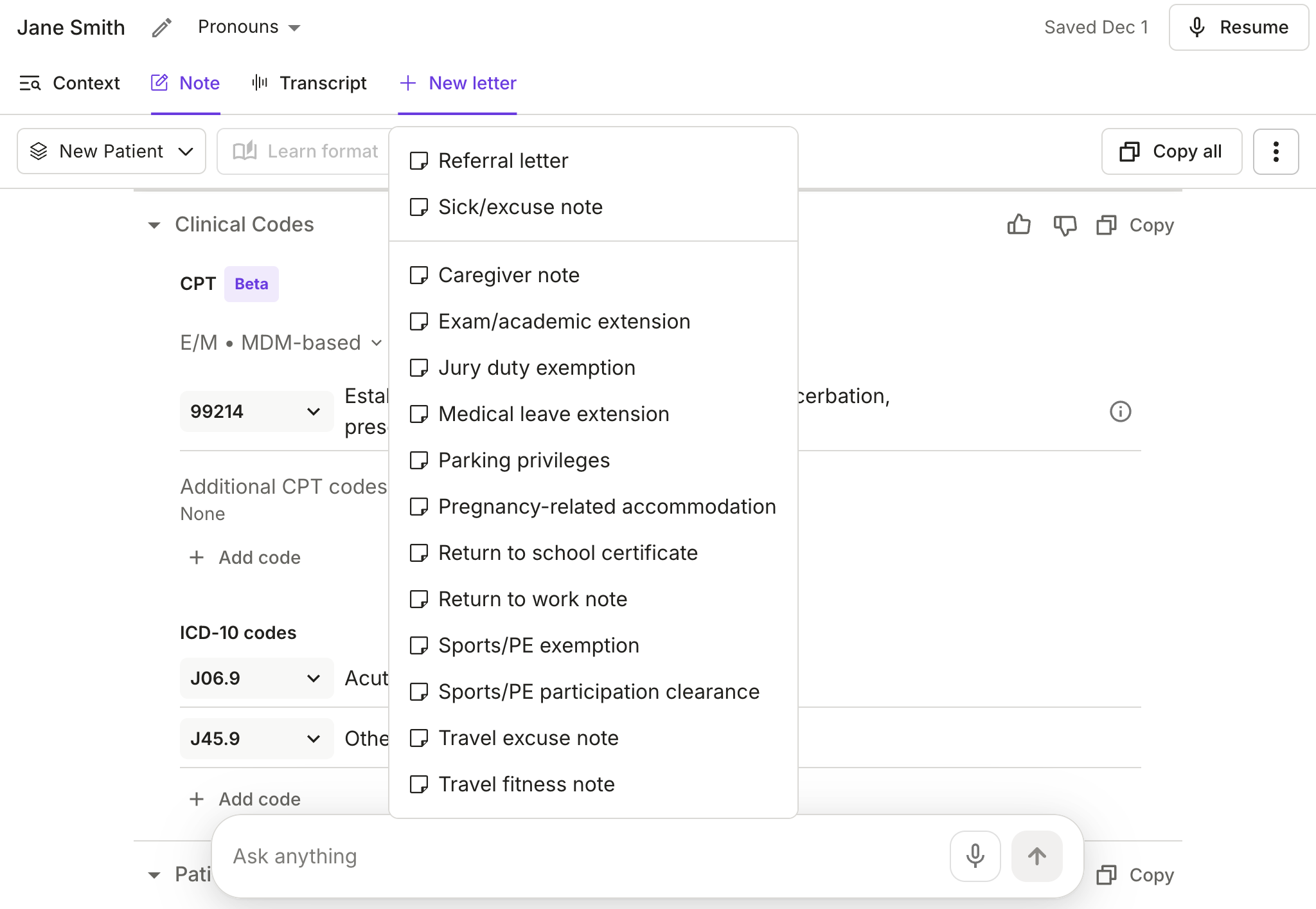 Freed generates patient letters, referrals, excuse notes, exemptions, and more