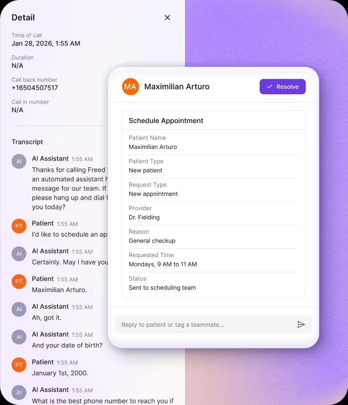 Freed Front desk AI assistant pulls patient contact information and call summaries