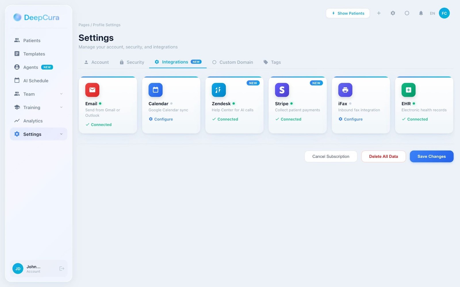 DeepCura integrates with email, calendar, zendesk, and more