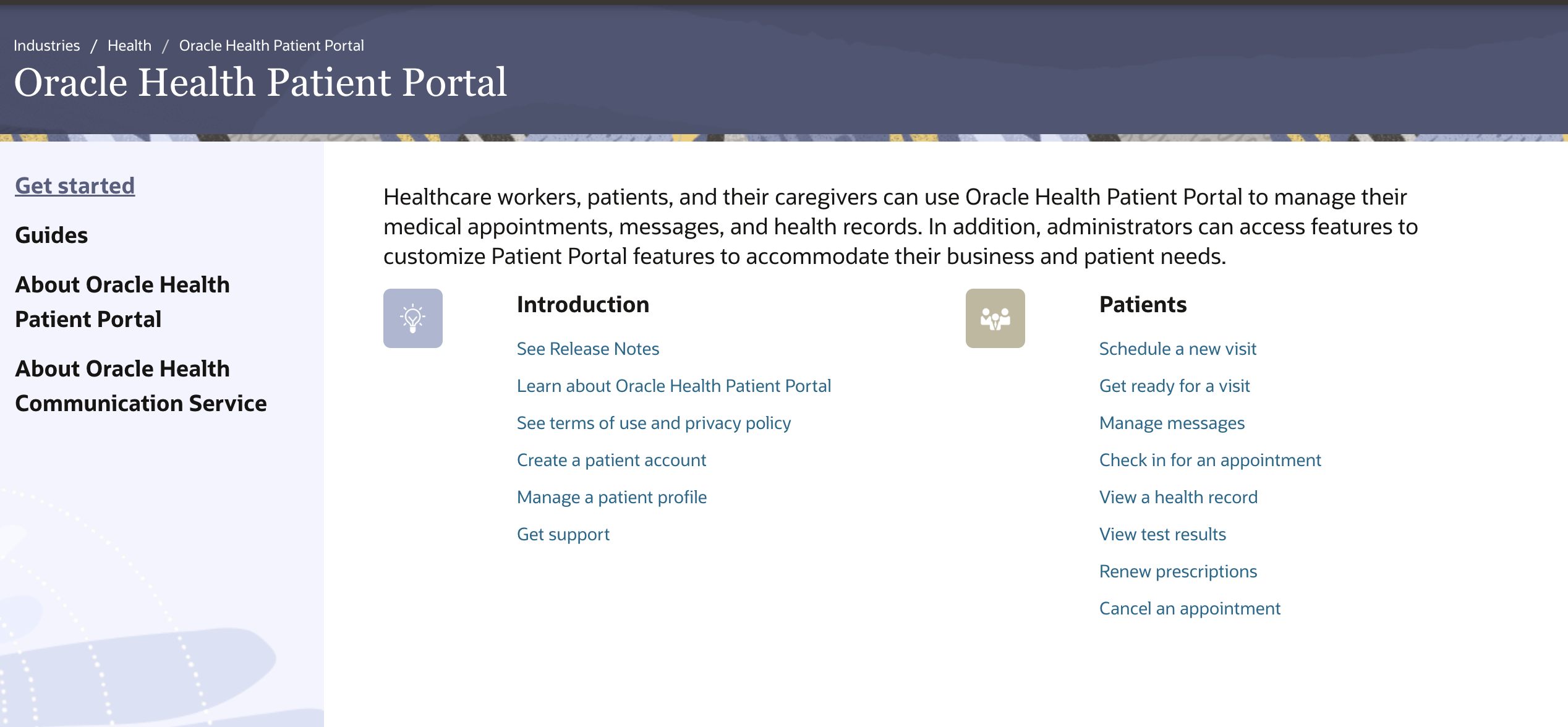 Oracle Health patient portal home page for managing appointments