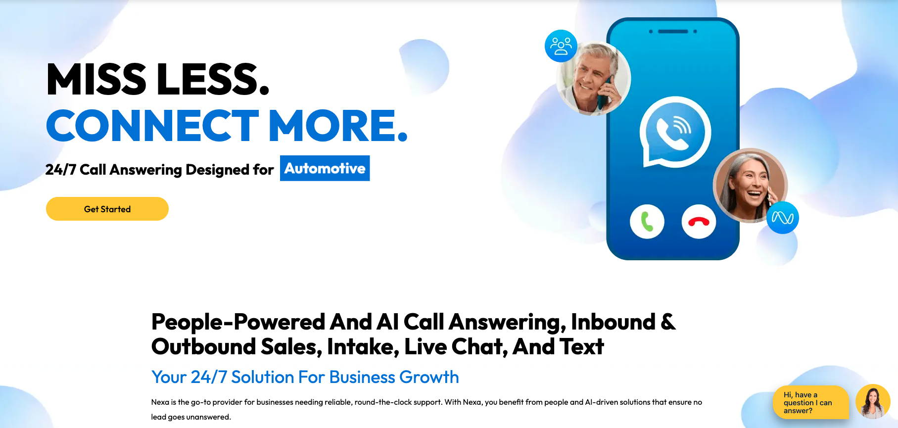 Promotional banner for 24/7 automotive call answering services featuring a smartphone call interface, customer support representatives, and messaging about AI-powered inbound and outbound communication.”
