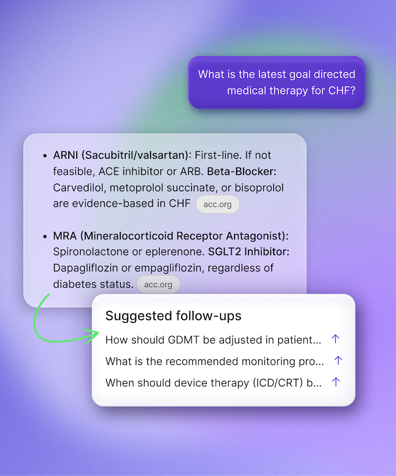 Freed’s clinical decision support feature showing evidence-based heart failure treatment recommendations with linked medical sources and AI-generated follow-up questions.