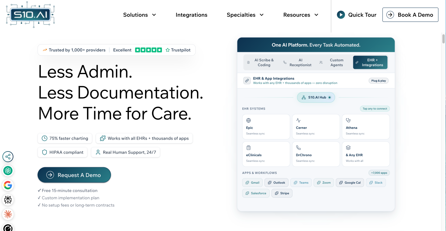 S10.AI homepage highlighting its AI platform for healthcare. The page emphasizes reducing administrative work and documentation time, with features such as EHR integrations, AI receptionist tools, and workflow automation. A visual panel shows compatibility with major EHR systems and healthcare applications.