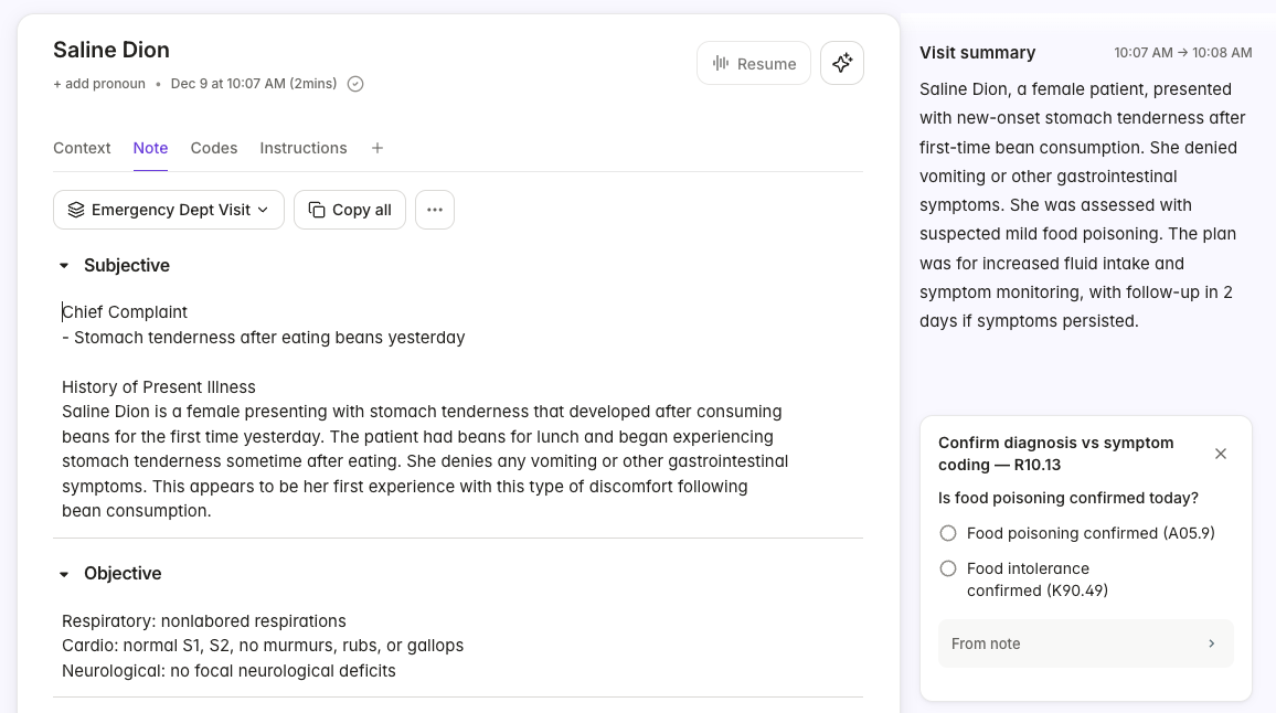 Freed AI medical scribe interface showing a patient note, visit summary, and coding support. The note documents stomach tenderness after eating beans, while a coding prompt helps the clinician confirm the appropriate diagnosis.