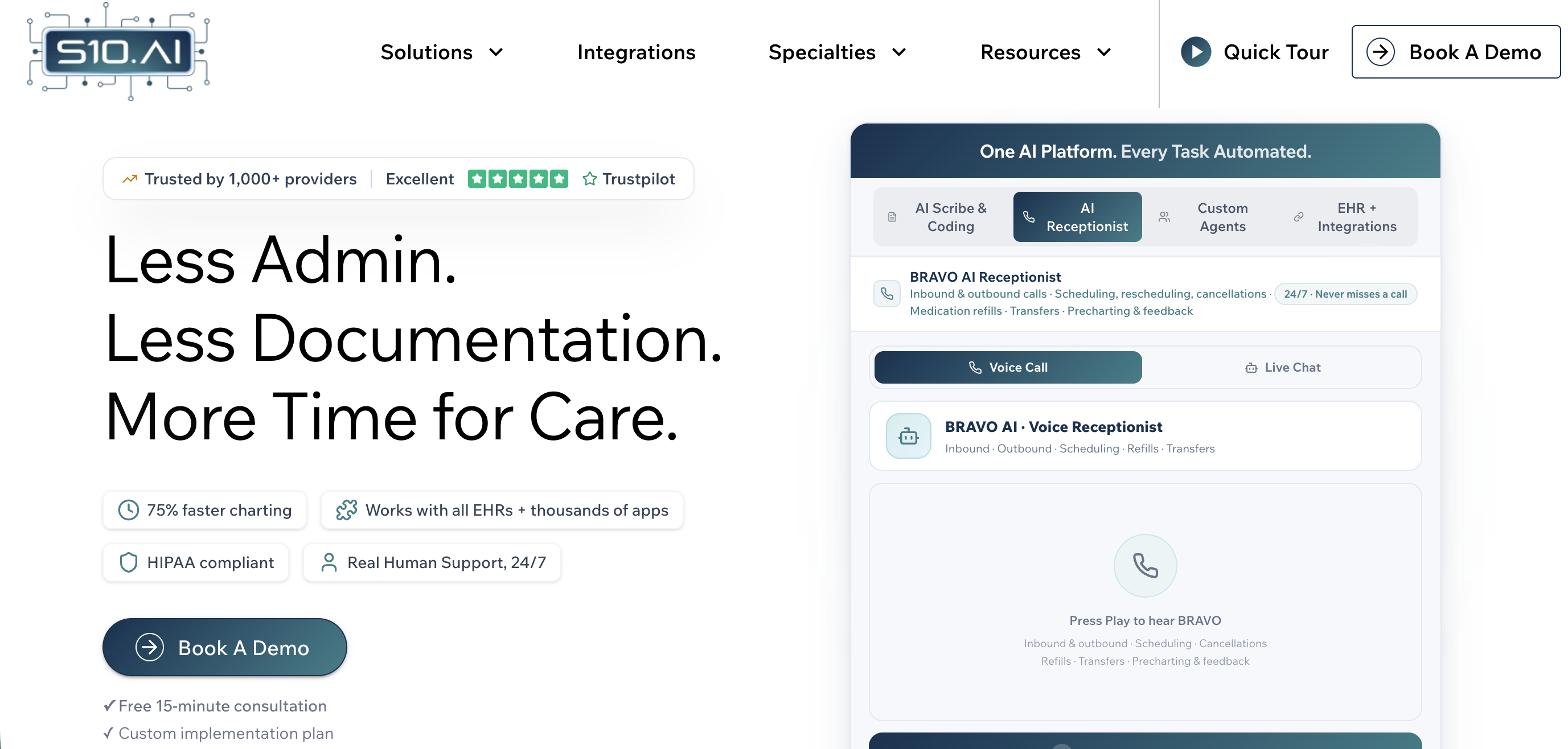 S10.AI dashboard showcasing AI medical scribing, AI receptionist services, EHR integration, and healthcare practice automation features.