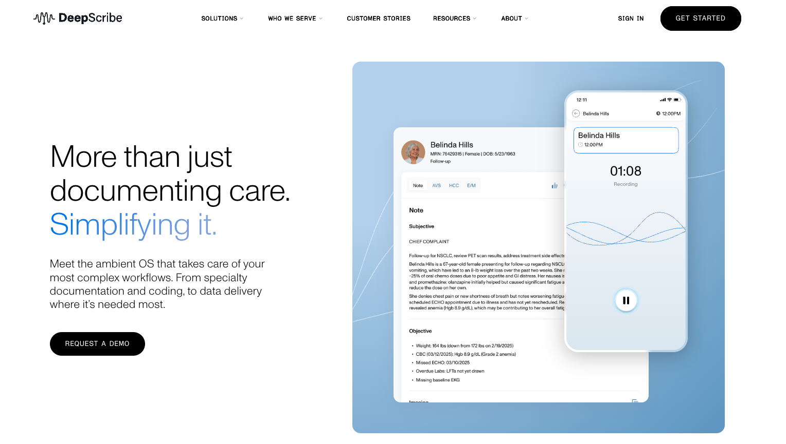 DeepScribe ambient AI documentation software showing automated medical note creation from patient visits and clinical workflows.