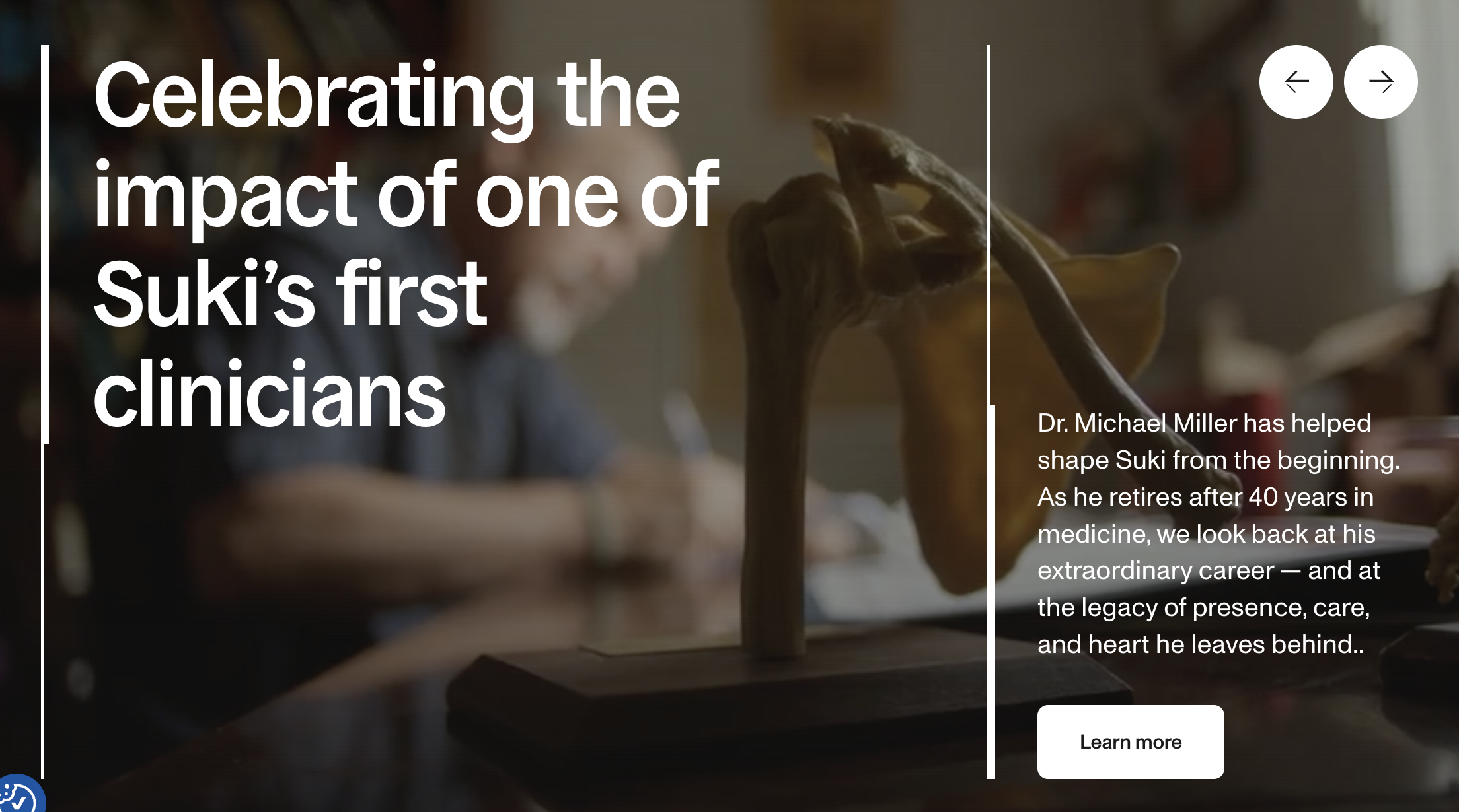 Suki website feature showcasing a clinician success story and the company's approach to AI medical documentation.