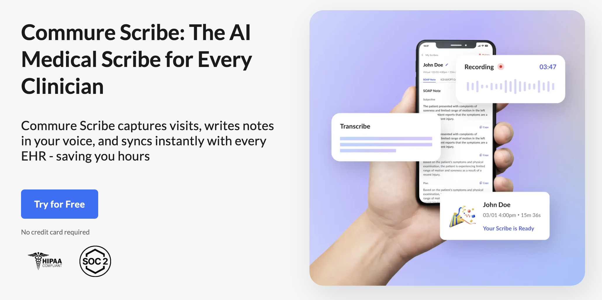 Commure Scribe website featuring an AI medical scribe app with live recording, transcription, and automated clinical documentation.
