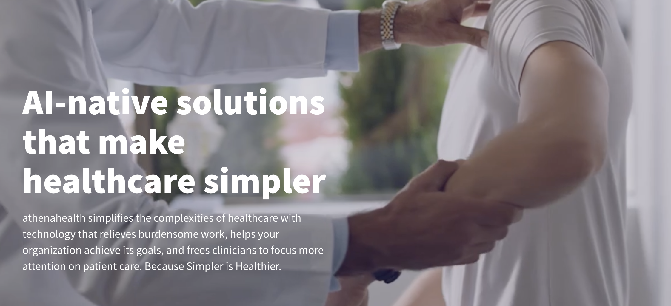 athenahealth homepage featuring AI-powered healthcare solutions and electronic medical record (EMR) software for clinicians and medical practices