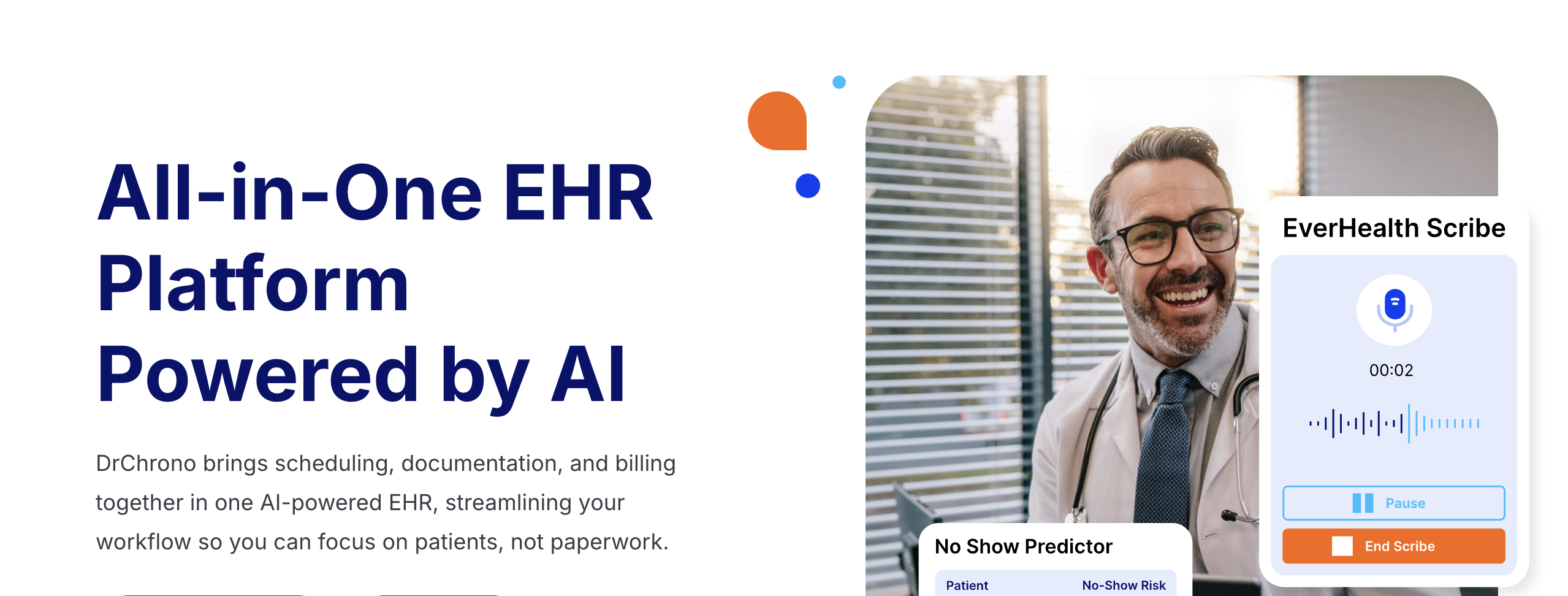 DrChrono AI-powered EHR platform highlighting clinical documentation, scheduling, billing, and ambient medical scribe technology