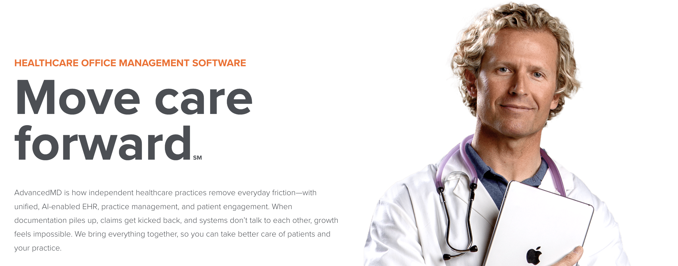 AdvancedMD electronic medical record (EMR) software homepage featuring AI-enabled EHR, practice management, and patient engagement tools for independent healthcare practices