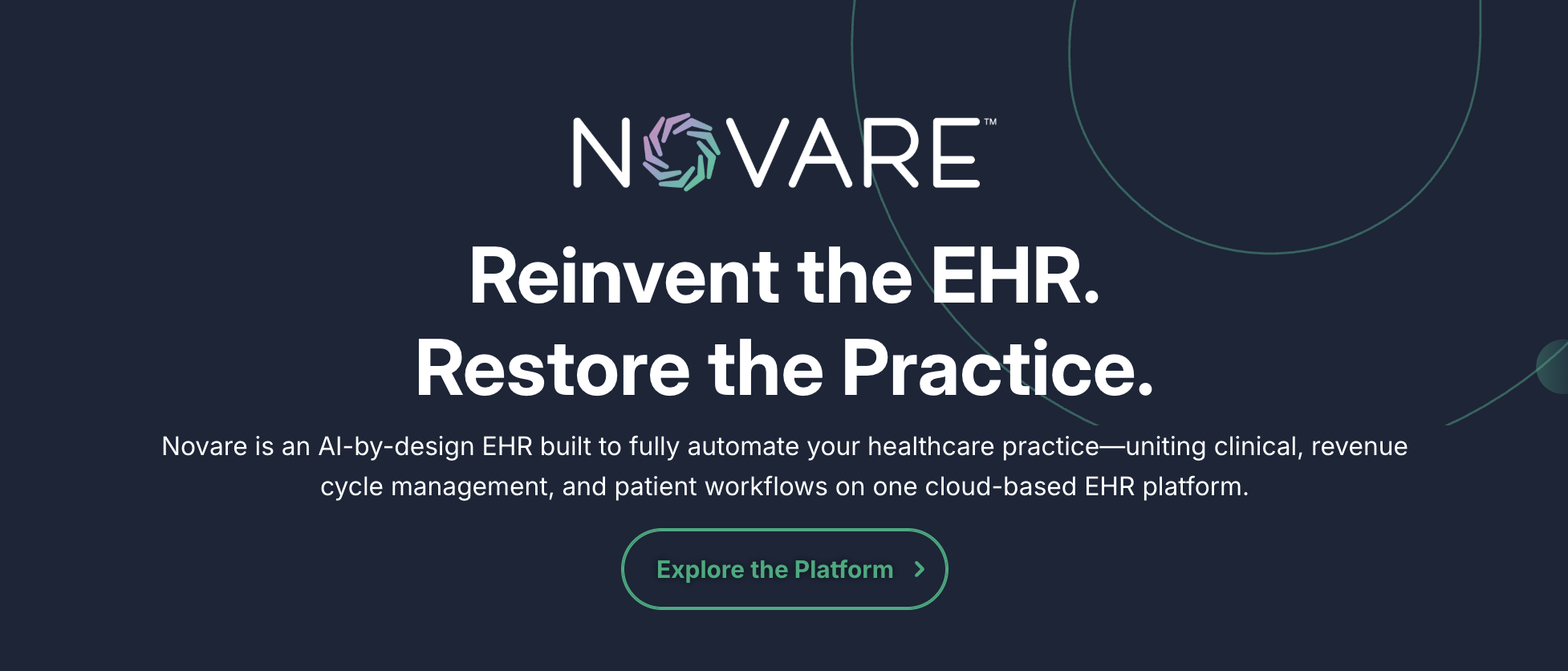 Greenway Health Novare electronic medical record (EMR) software homepage featuring AI-powered cloud-based EHR, practice automation, revenue cycle management, and patient workflow tools